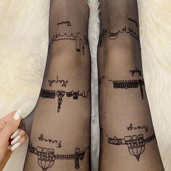 🏙️ Travel Cities Tattoo Printed Tights Black Sheer Nylon Pantyhose Hosiery NEW - Picture 10 of 16